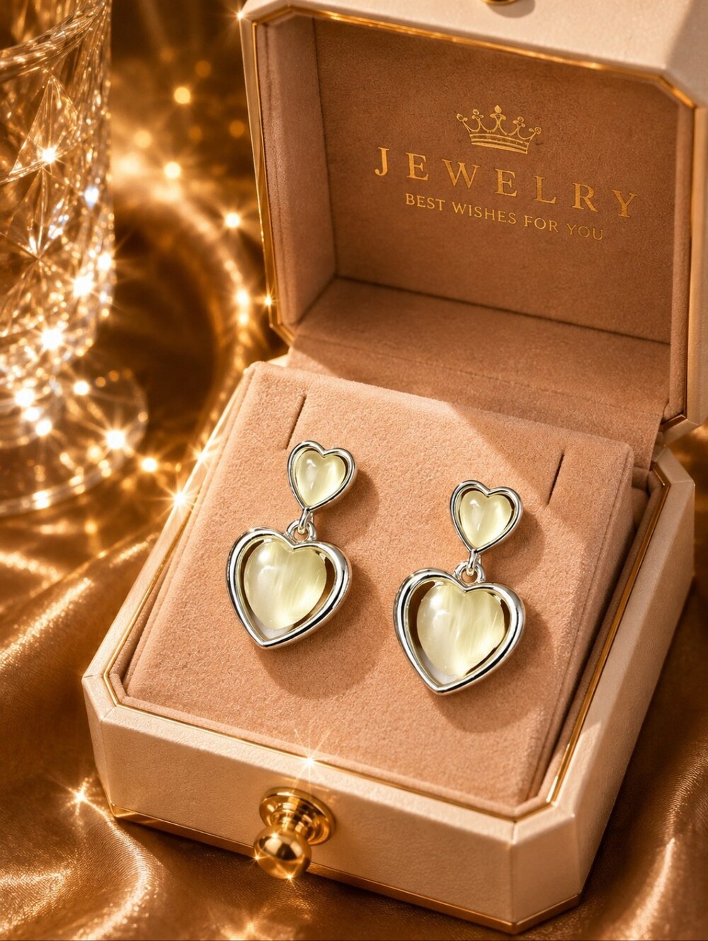 High-End Style Designer Inspired White Heart Plum Blossom Drop Earrings Gold Ton